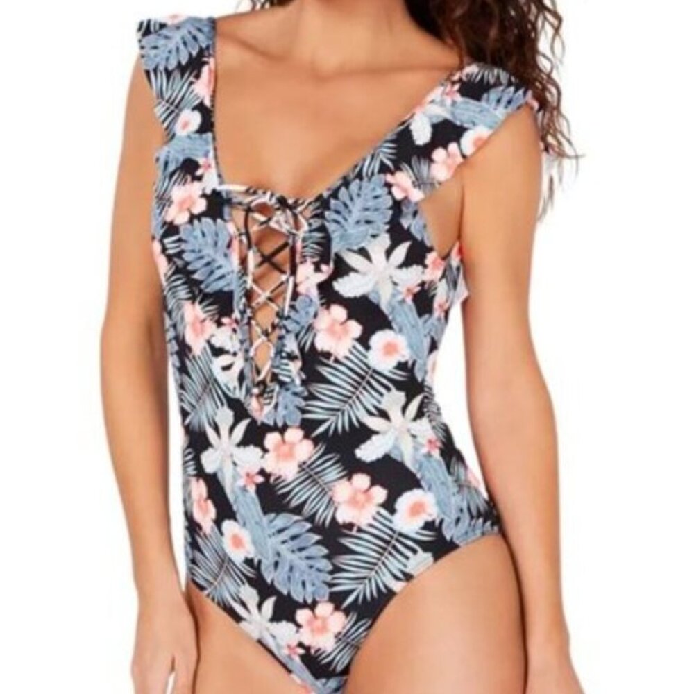 Roxy Ruffled Lace-Up One-Piece Swimsuit NWOT